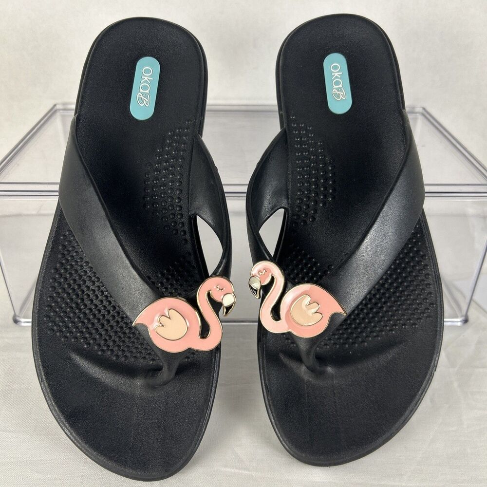 Oka-B Flamingo Flip Flops Women’s Medium Sandals Flamingo Charm Black